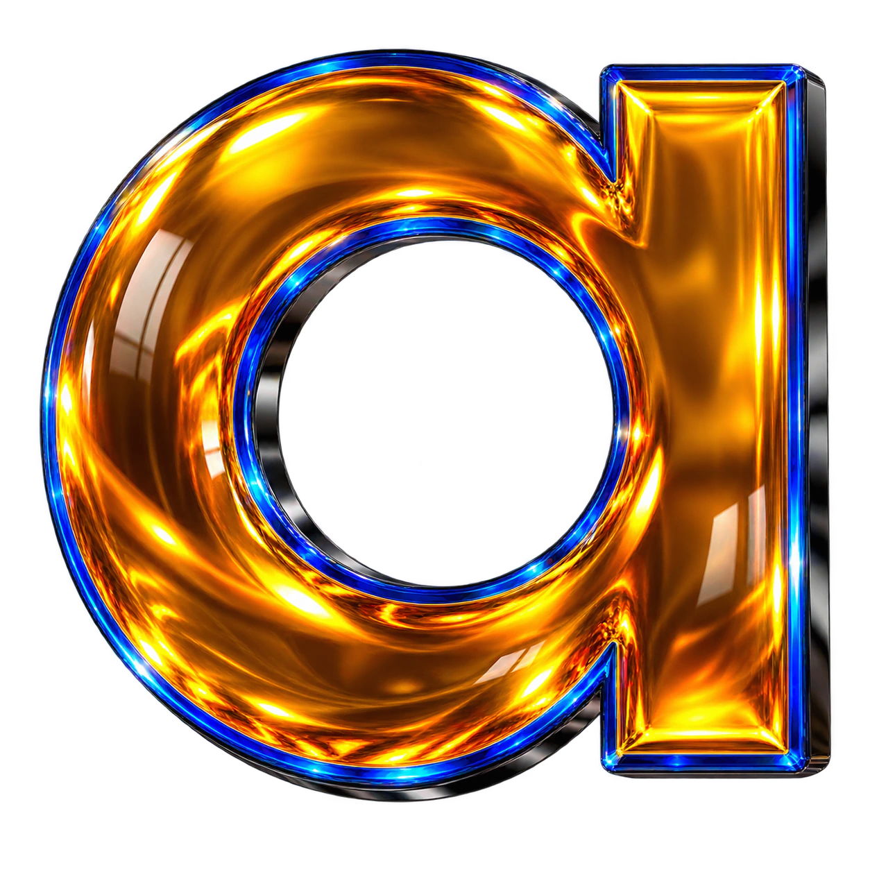 The lowercase a from the Danke wordmark rendered in luminous amber glass with cobalt edges and black-chrome depth
