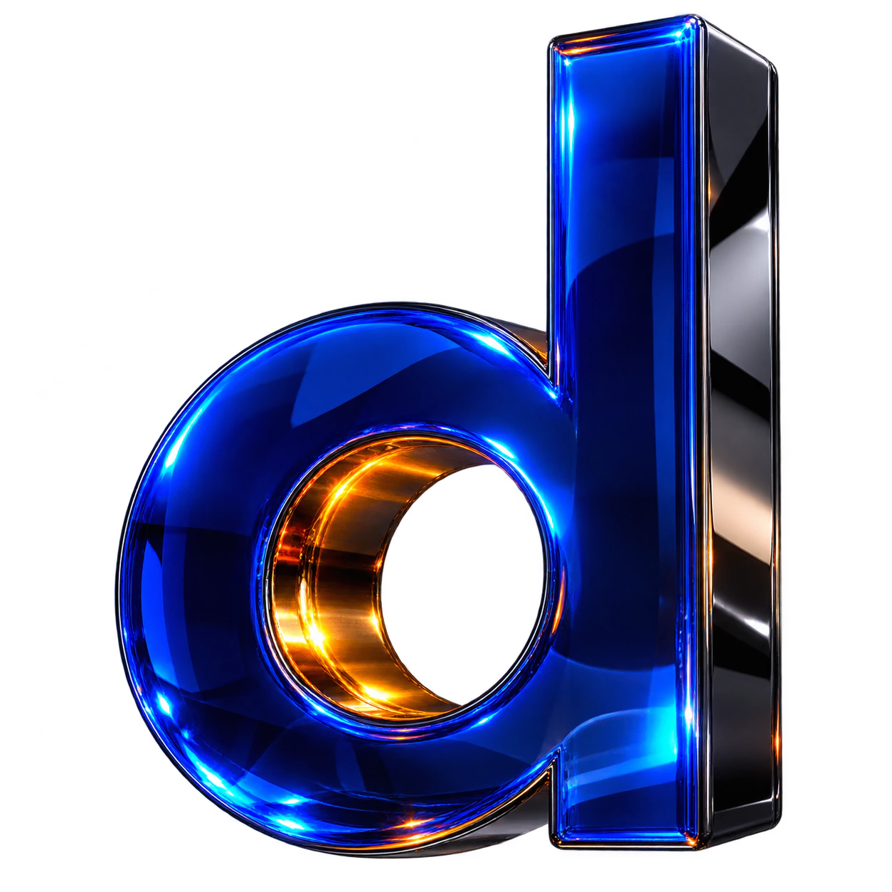 The lowercase d from the Danke wordmark rendered as a cobalt-glass and polished-metal sculpture with amber light