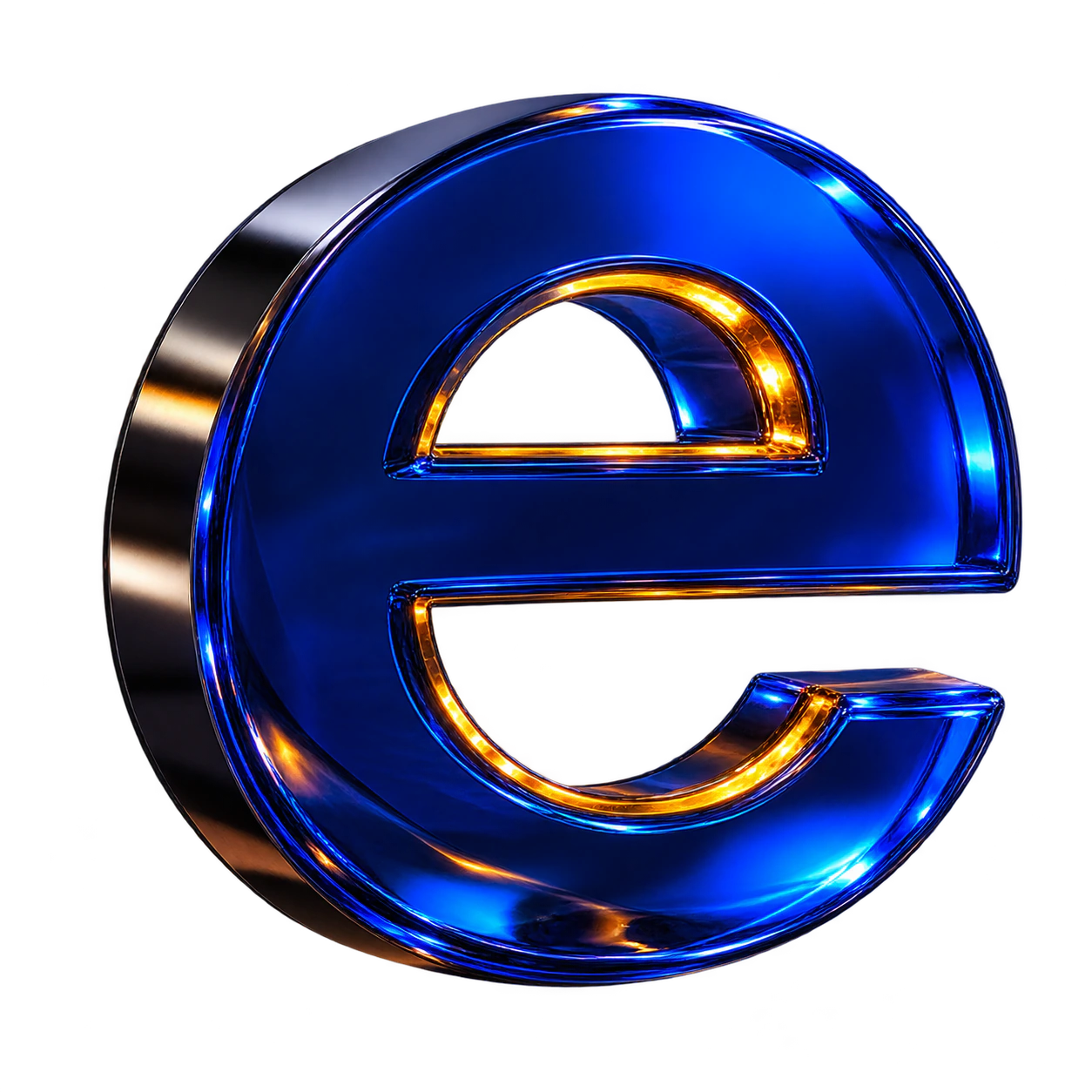 The lowercase e from the Danke wordmark rendered as a deep cobalt-glass object with a warm metallic core