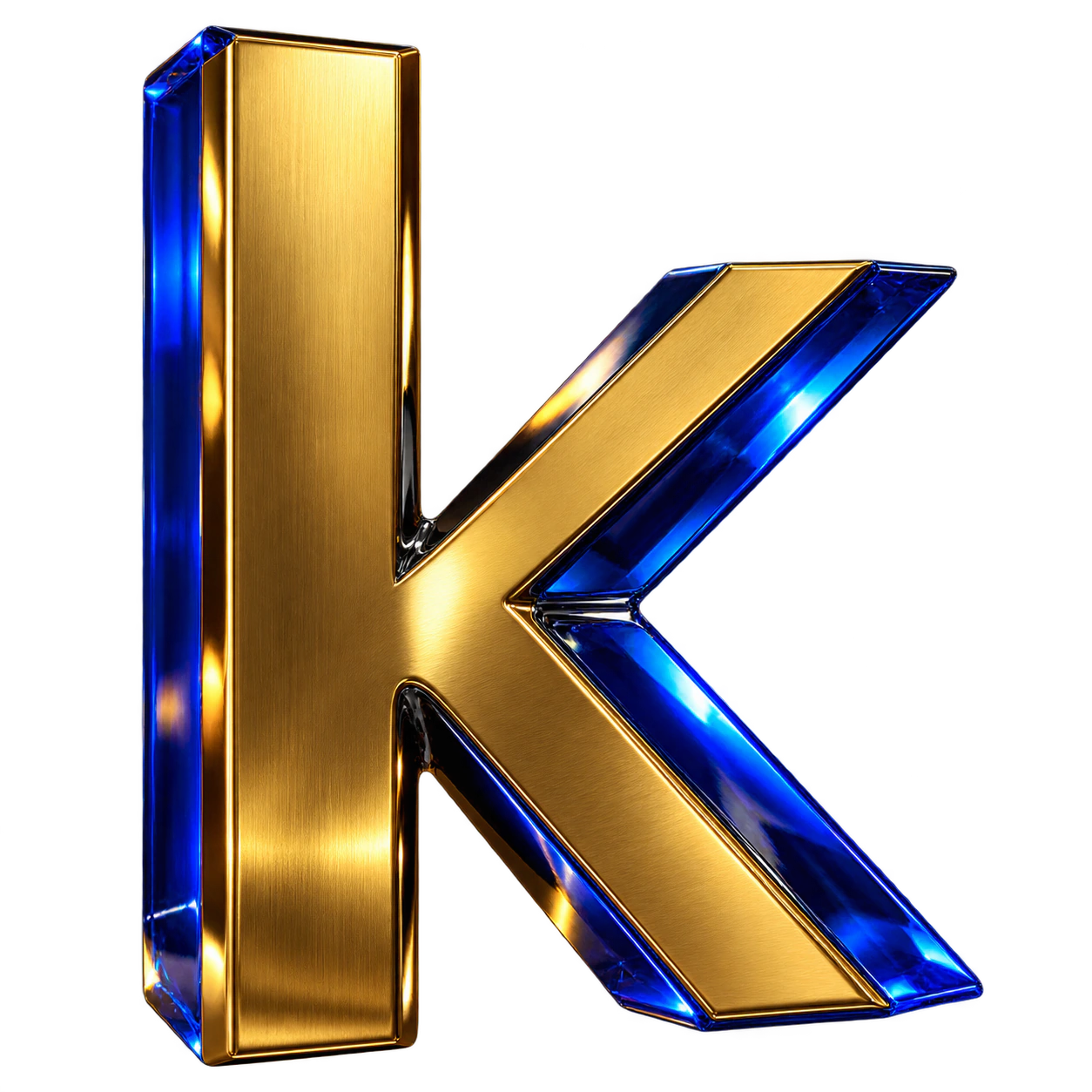The lowercase k from the Danke wordmark rendered in brushed gold, cobalt glass and black chrome