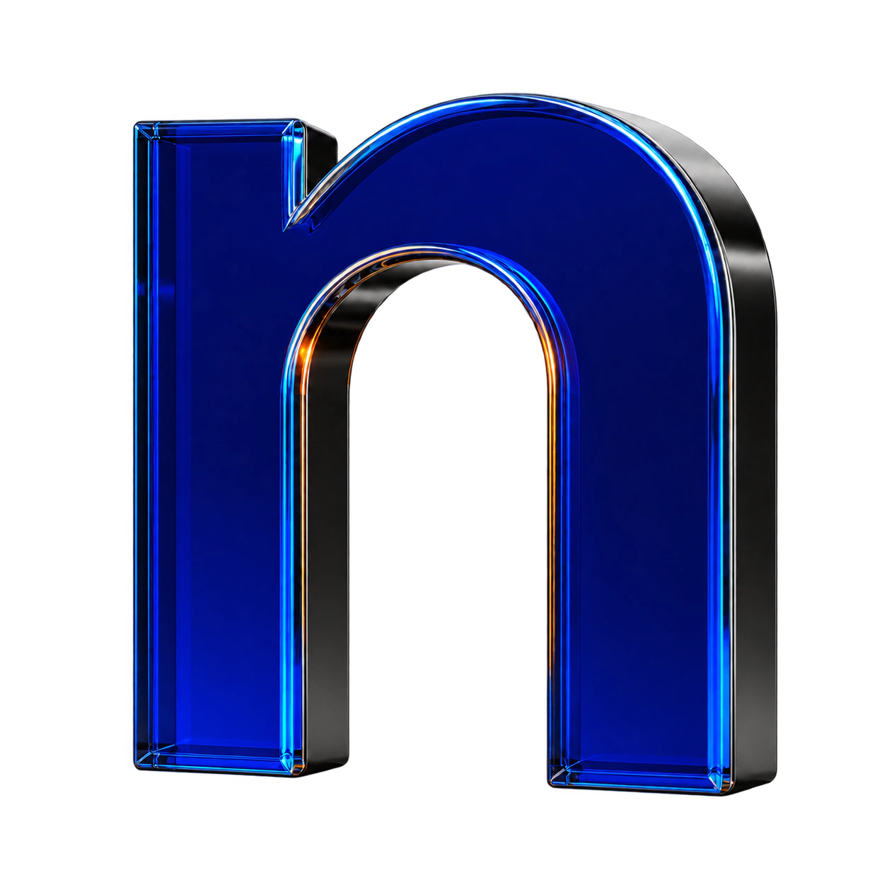 The lowercase n from the Danke wordmark rendered in deep cobalt glass with black-chrome sides and a narrow amber inner light